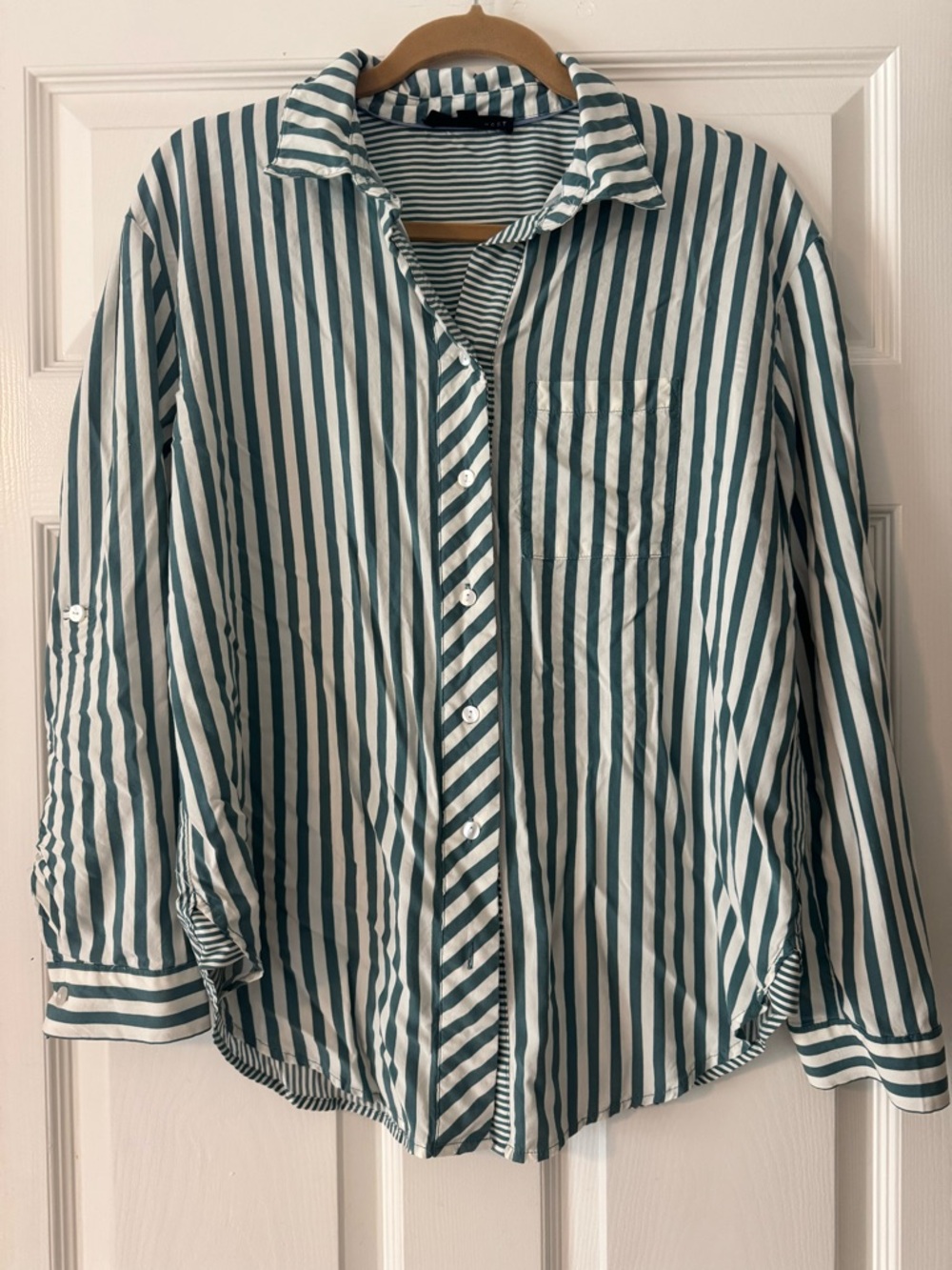 Jane + Delancey Striped Green and White Button-Up Shirt